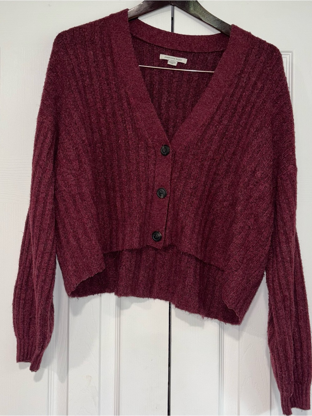 American Eagle Outfitters Ribbed V-Neck Cropped Button Cardigan Deep Wine Small